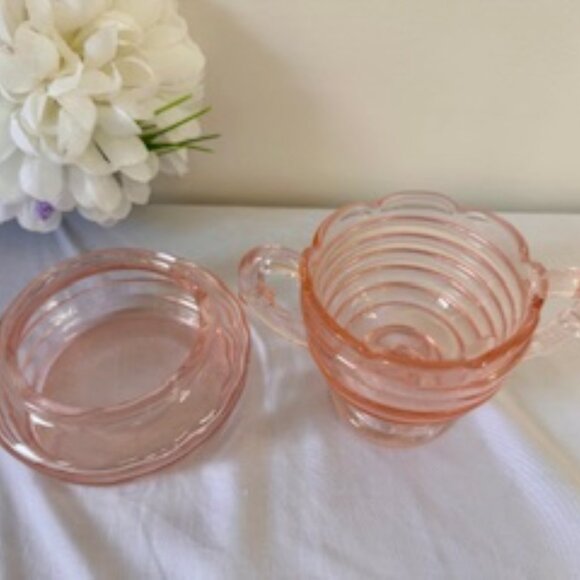 Vintage Duncan & Miller Pink Ripple‎ Glass Sugar Bowl and Trinket Dish – Elegant - Picture 4 of 5